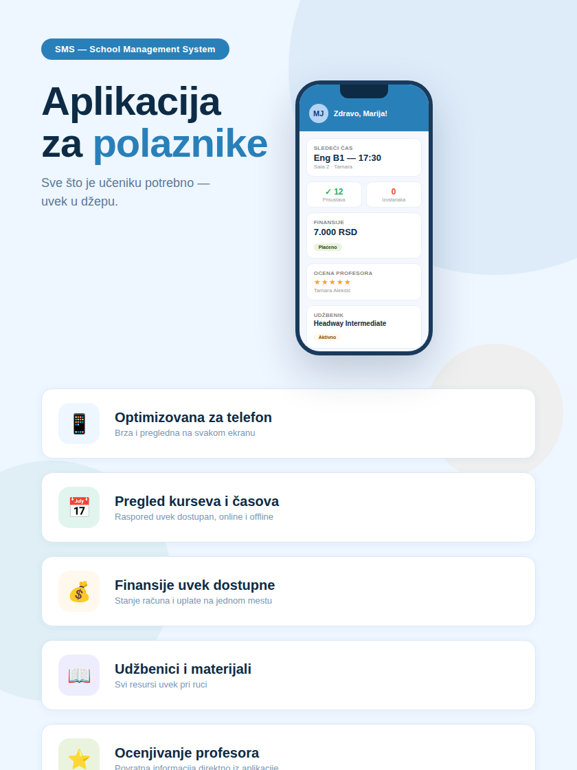 Nalog za polaznike škole stranih jezika – pregled časova, finansija i materijala